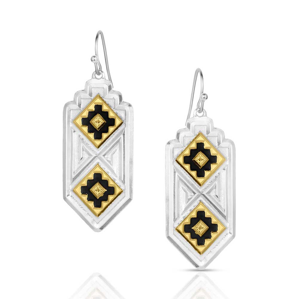 Montana Silversmiths Southwestern Resilience American Made Earrings (AMER6177) feature geometric dangle design with silver base, black and gold diamond-shaped accents, intricate Southwestern patterns, hypoallergenic hooks, and comfortable wear.