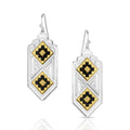 Montana Silversmiths Southwestern Resilience American Made Earrings (AMER6177) feature geometric dangle design with silver base, black and gold diamond-shaped accents, intricate Southwestern patterns, hypoallergenic hooks, and comfortable wear.