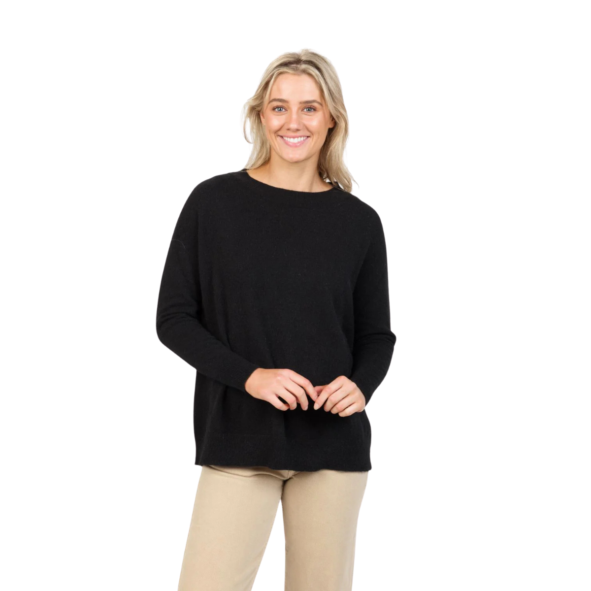 A woman with long blonde hair wears the Native World Womens Lounge Sweater (NB816) in black by Native World, smiling against a plain white background.