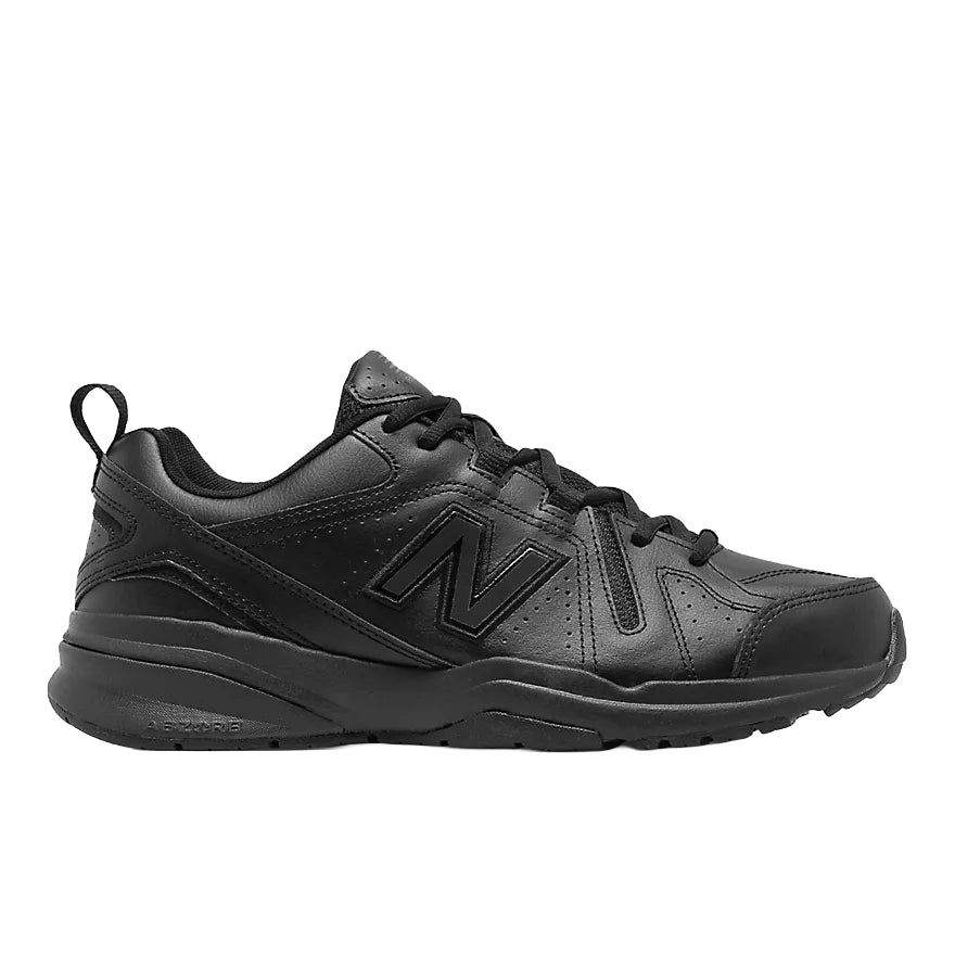 Side view of a black New Balance Men's 608 v5 Slip Resistant Shoes (MX608BB5) shown from the side against a white background.