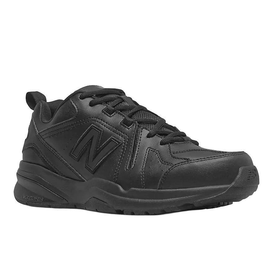 3-4 front view of a black New Balance Men's 608 v5 Slip Resistant Shoes (MX608BB5) shown from the side against a white background.
