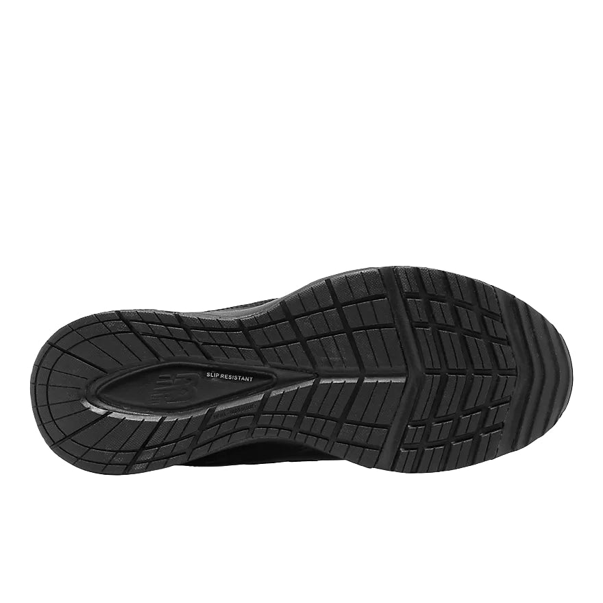 Sole view of a black New Balance Men's 608 v5 Slip Resistant Shoes (MX608BB5) shown from the side against a white background.
