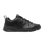 The New Balance Men's 608 v5 Slip Resistant Shoes (MX608BB5) in black feature a low-top design, leather upper, lace-up closure, and the iconic "N" logo on the side.