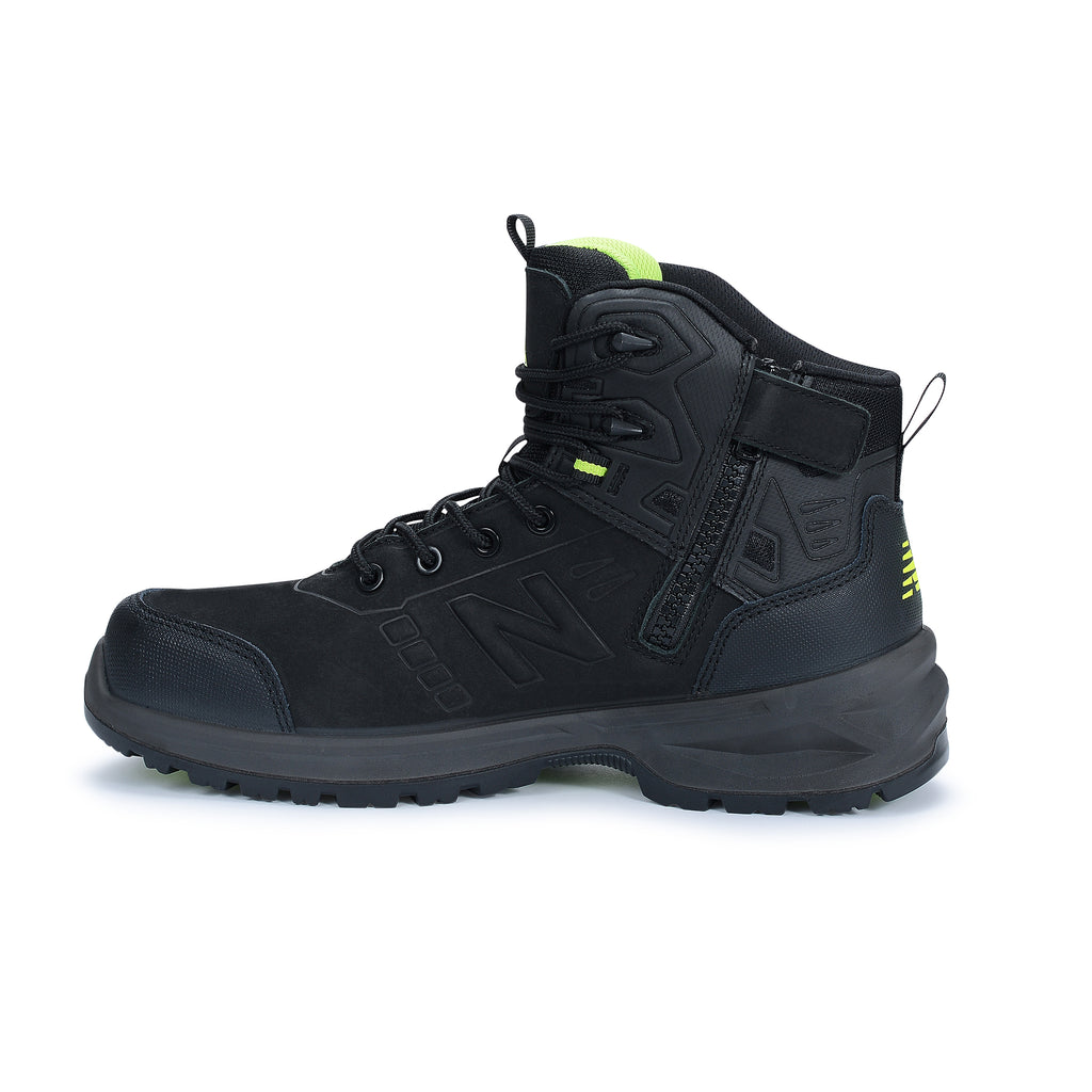 Side view of a black New Balance Men's Calibre Composite Toe Boots (MIDCLBR2E) with New Balance logos on a white background.