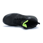 Top view of a black New Balance Men's Calibre Composite Toe Boots (MIDCLBR2E) with New Balance logos on a white background.