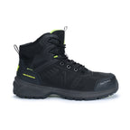 Side view of a black New Balance Men's Calibre Composite Toe Boots (MIDCLBR2E) with New Balance logos on a white background.