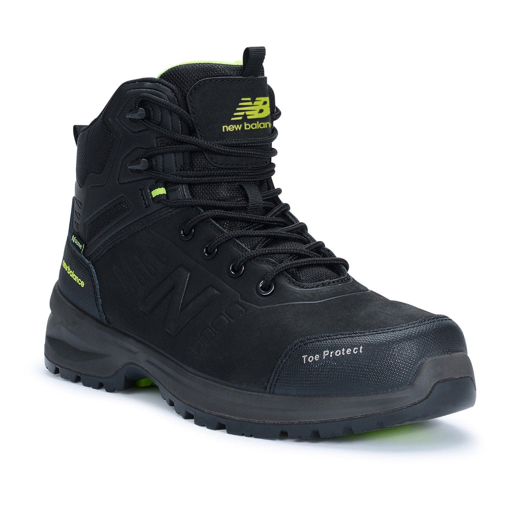 3-4 front view of a black New Balance Men's Calibre Composite Toe Boots (MIDCLBR2E) with New Balance logos on a white background.