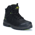 3-4 front view of a black New Balance Men's Calibre Composite Toe Boots (MIDCLBR2E) with New Balance logos on a white background.