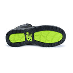 Sole view of a black New Balance Men's Calibre Composite Toe Boots (MIDCLBR2E) with New Balance logos on a white background.