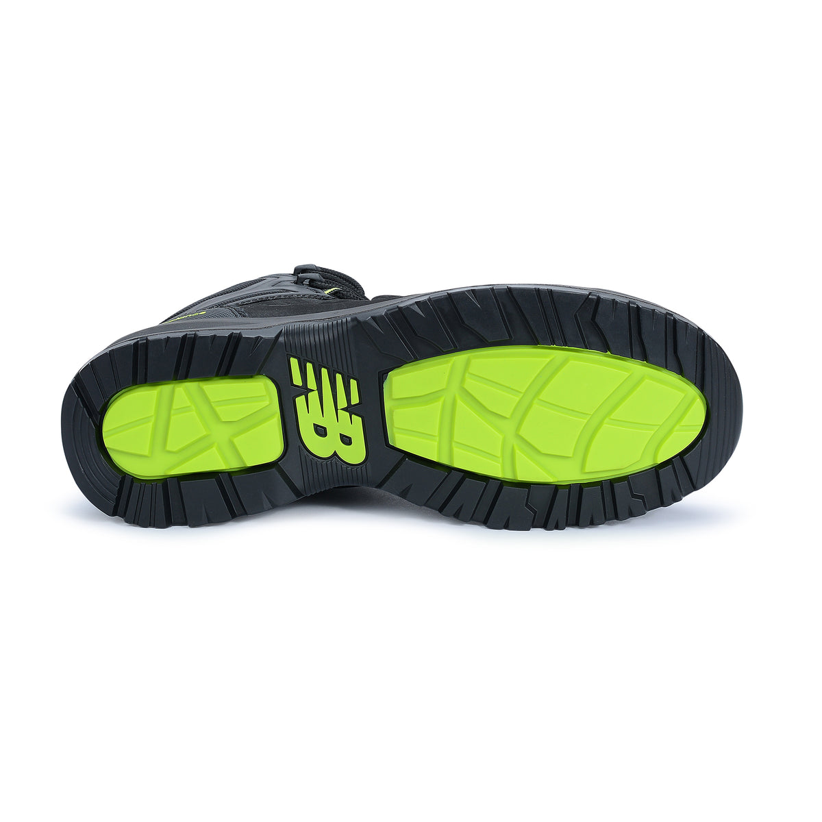 Sole view of a black New Balance Men's Calibre Composite Toe Boots (MIDCLBR2E) with New Balance logos on a white background.