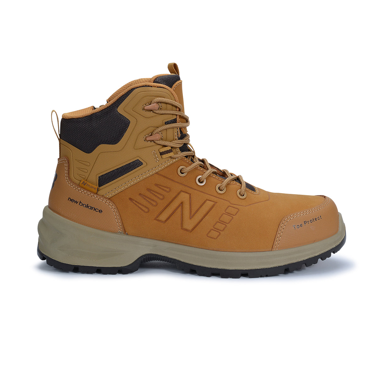 Side view of a wheat New Balance Men's Calibre Composite Toe Boot (MIDCLBR2E) boot with New Balance logo on a white background.