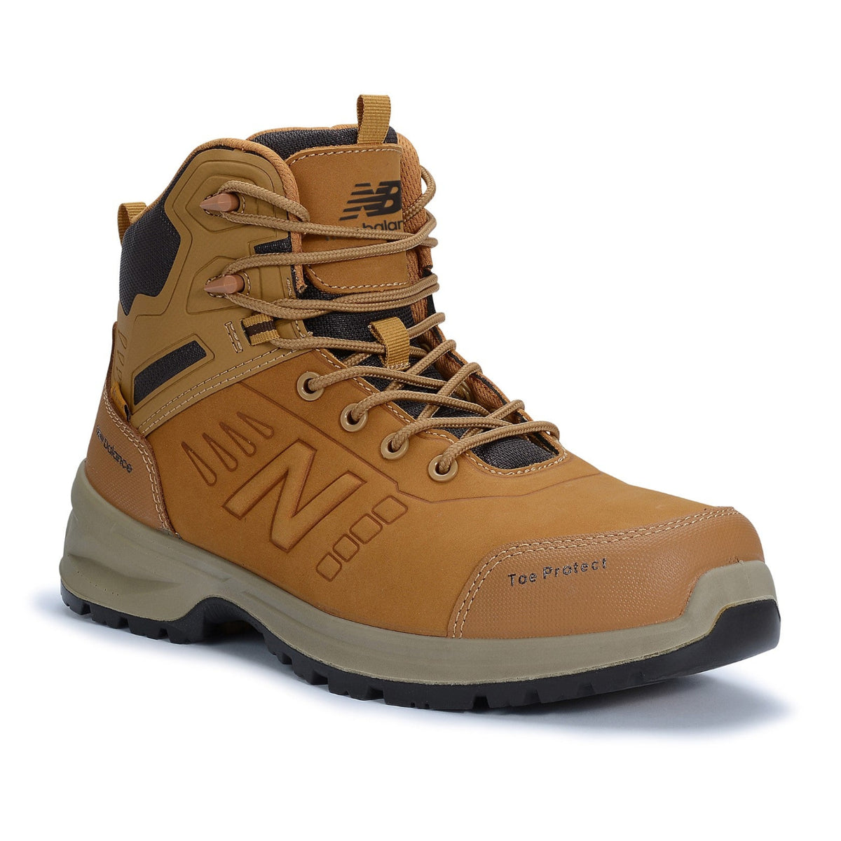 3-4 front view of a wheat New Balance Men's Calibre Composite Toe Boot (MIDCLBR2E) boot with New Balance logo on a white background.