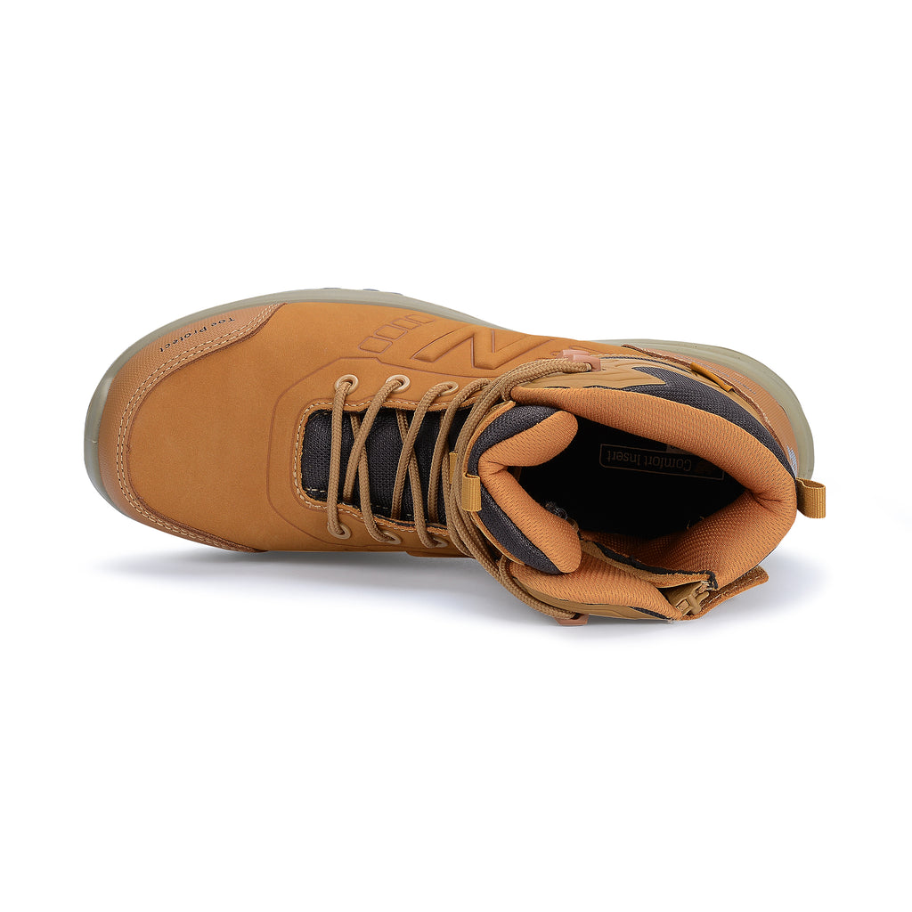 Top view of a wheat New Balance Men's Calibre Composite Toe Boot (MIDCLBR2E) boot with New Balance logo on a white background.