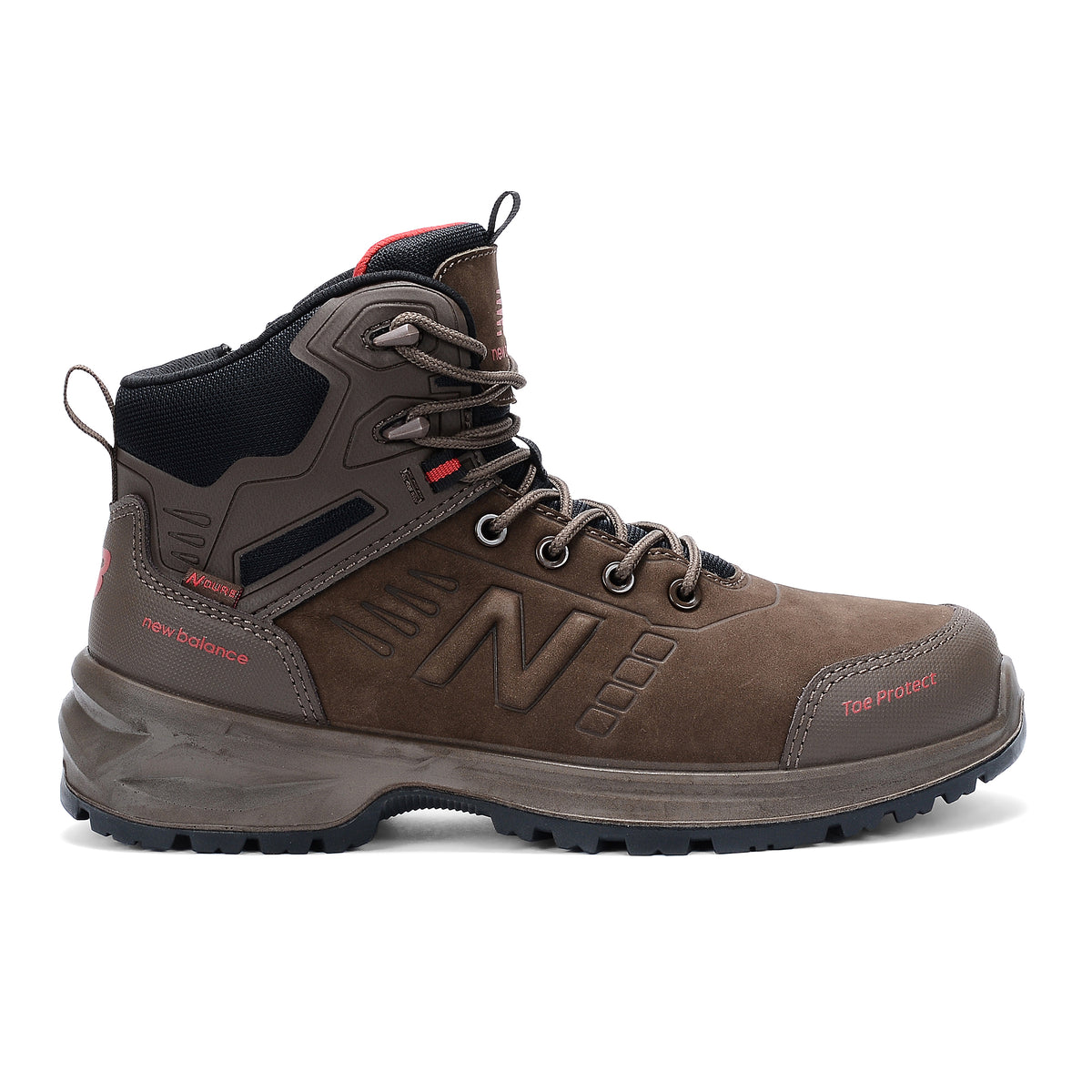 Side view of a chocolate New Balance Men's Calibre Composite Toe Boot (MIDCLBRE) boot with New Balance logo on a white background.
