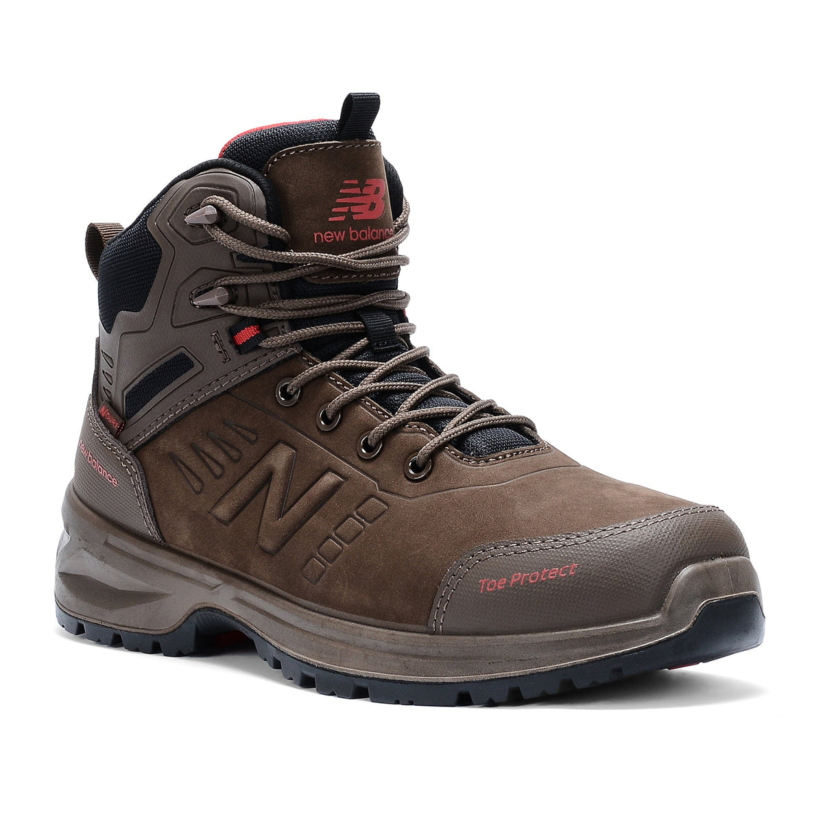 3-4 front view of a chocolate New Balance Men's Calibre Composite Toe Boot (MIDCLBRE) boot with New Balance logo on a white background.