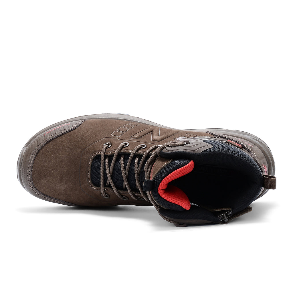 Top view of a chocolate New Balance Men's Calibre Composite Toe Boot (MIDCLBRE) boot with New Balance logo on a white background.
