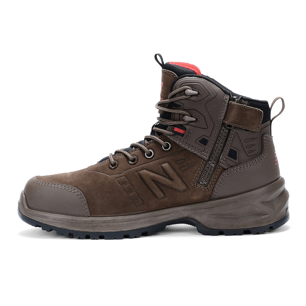 Side view of a chocolate New Balance Men's Calibre Composite Toe Boot (MIDCLBRE) boot with New Balance logo on a white background.