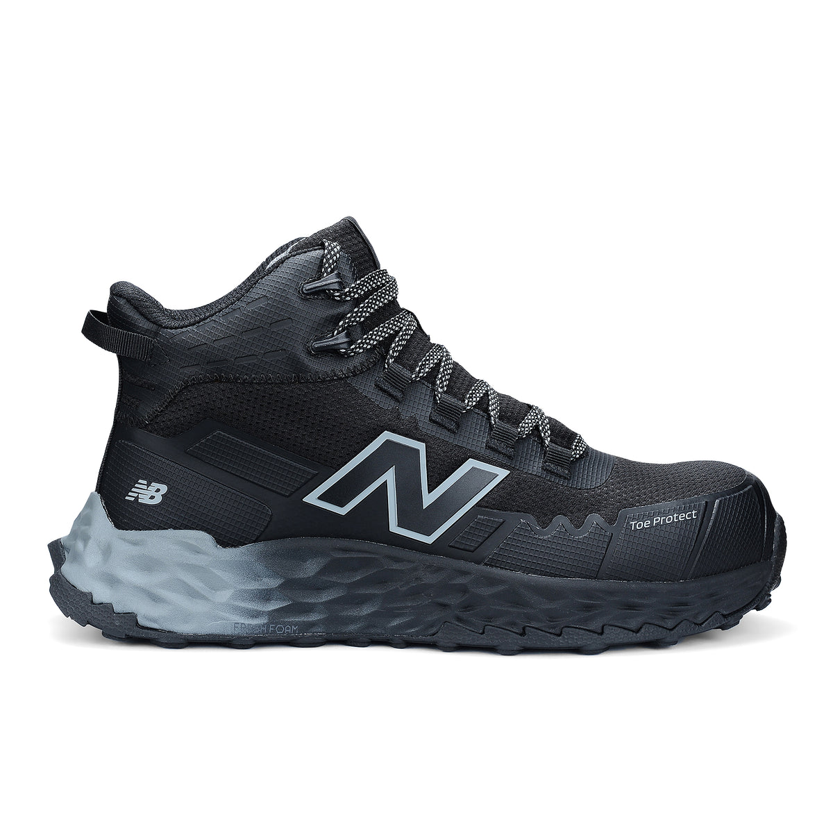 Side view of a black and grey New Balance Men's Cremorne Mid Cut Safety Sneaker (MEFCMCAPBG) with logos on a white background.