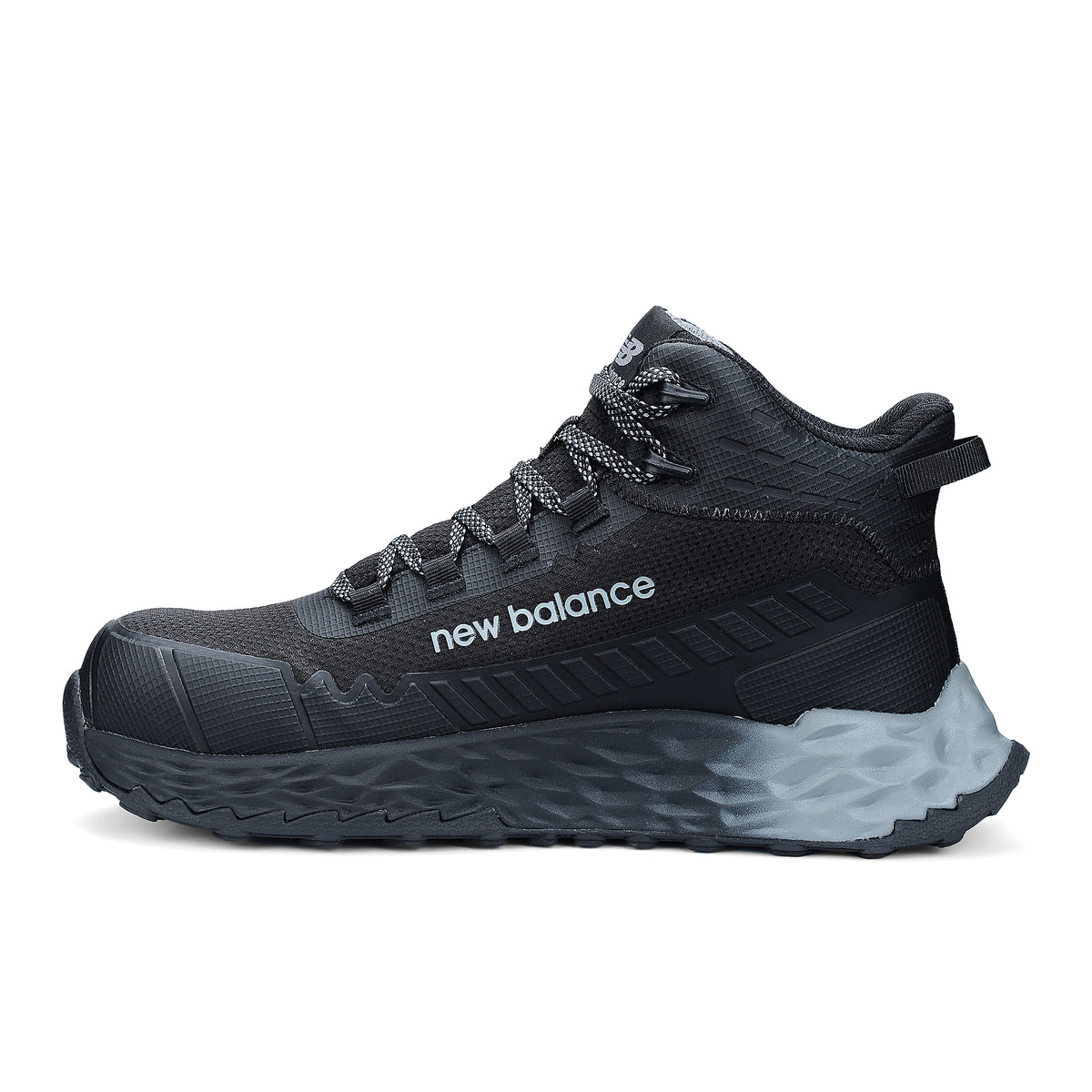 Side view of a black and grey New Balance Men's Cremorne Mid Cut Safety Sneaker (MEFCMCAPBG) with logos on a white background.