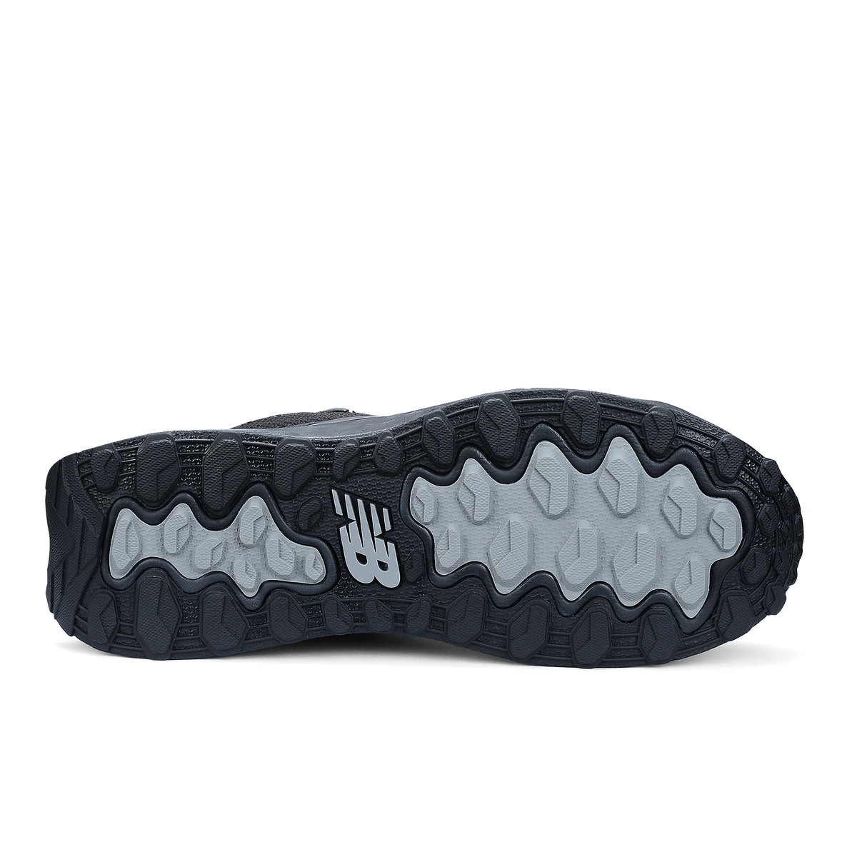 Sole view of a black and grey New Balance Men's Cremorne Mid Cut Safety Sneaker (MEFCMCAPBG) with logos on a white background.