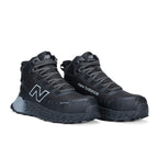 3-4 front view of a pair of black and grey New Balance Men's Cremorne Mid Cut Safety Sneakers (MEFCMCAPBG) with logos on a white background.