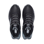 Top view of a pair of black and grey New Balance Men's Cremorne Mid Cut Safety Sneakers (MEFCMCAPBG) with logos on a white background.