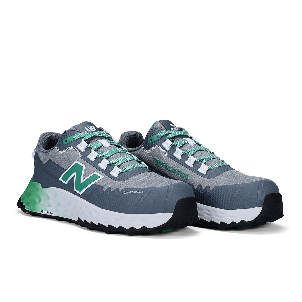 3-4 front view of a pair of Alloy Green New Balance Men's Cremorne Safety Sneakers (MEFCCAPAG) on a white background.