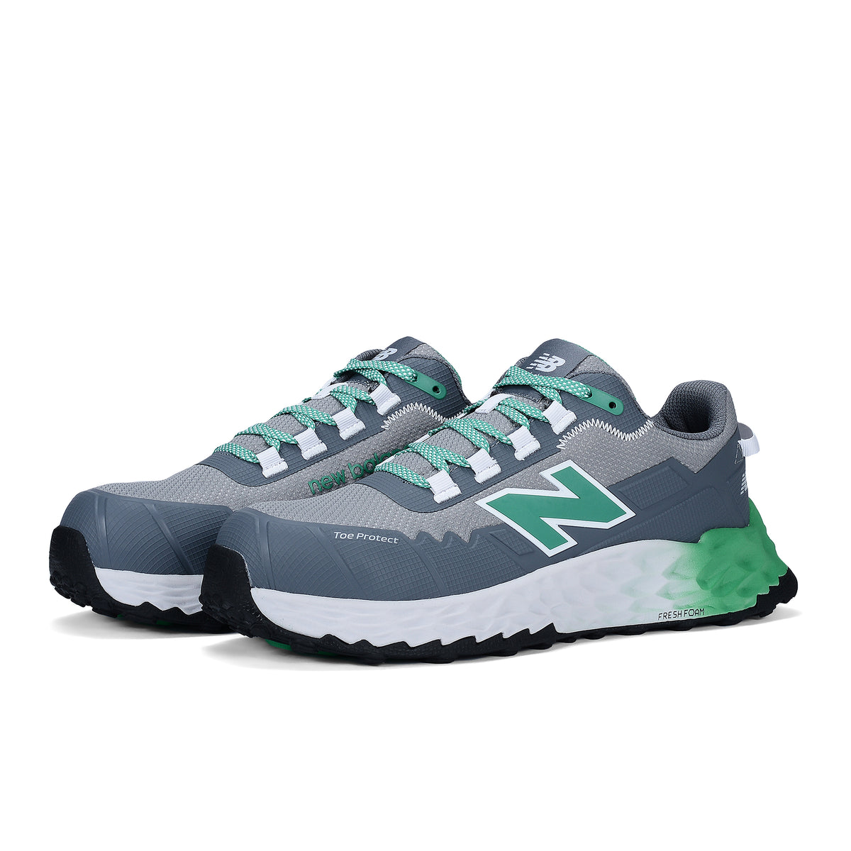3-4 front view of a pair of Alloy Green New Balance Men's Cremorne Safety Sneakers (MEFCCAPAG) on a white background.