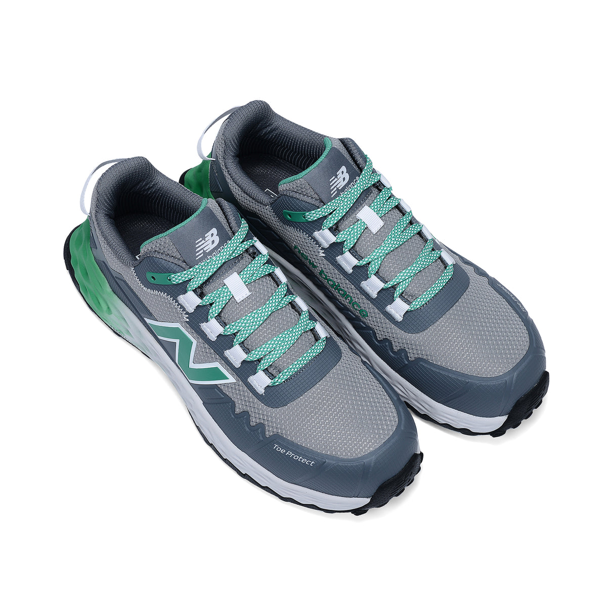 3-4 top view of a pair of Alloy Green New Balance Men's Cremorne Safety Sneakers (MEFCCAPAG) on a white background.