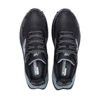 Top view of a pair of black and grey New Balance Men's Cremorne Safety Sneakers (MEFCCAPBG) on a white background.