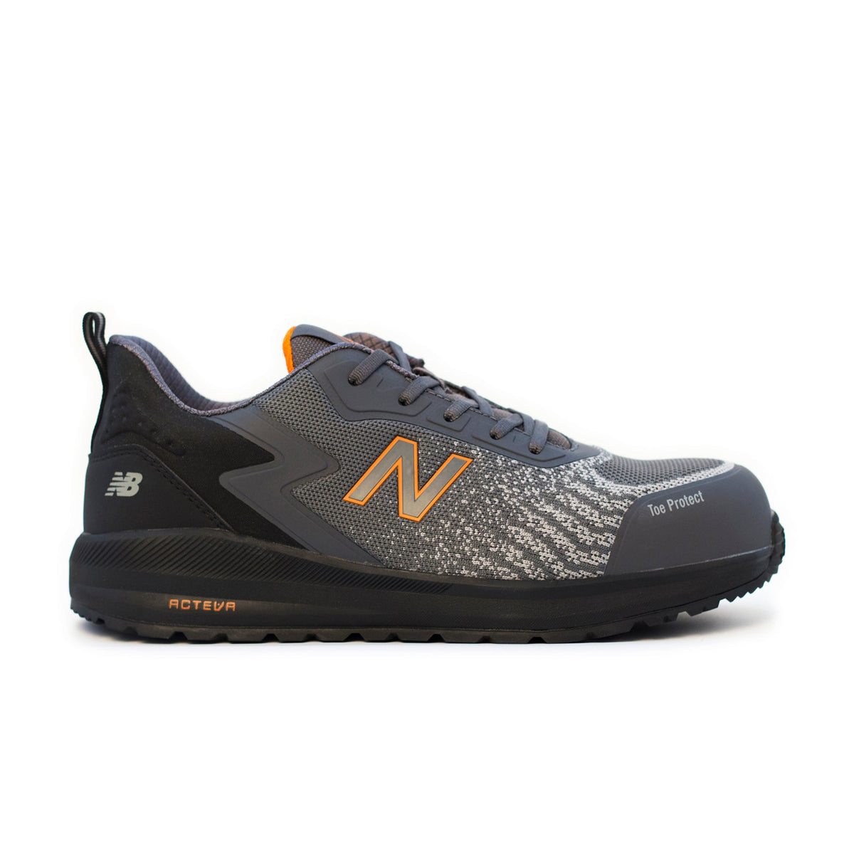 Side view of a grey and orange New Balance Men's Speedware Composite Toe Sneaker (MIDSPWR) with logo detail on a white background.