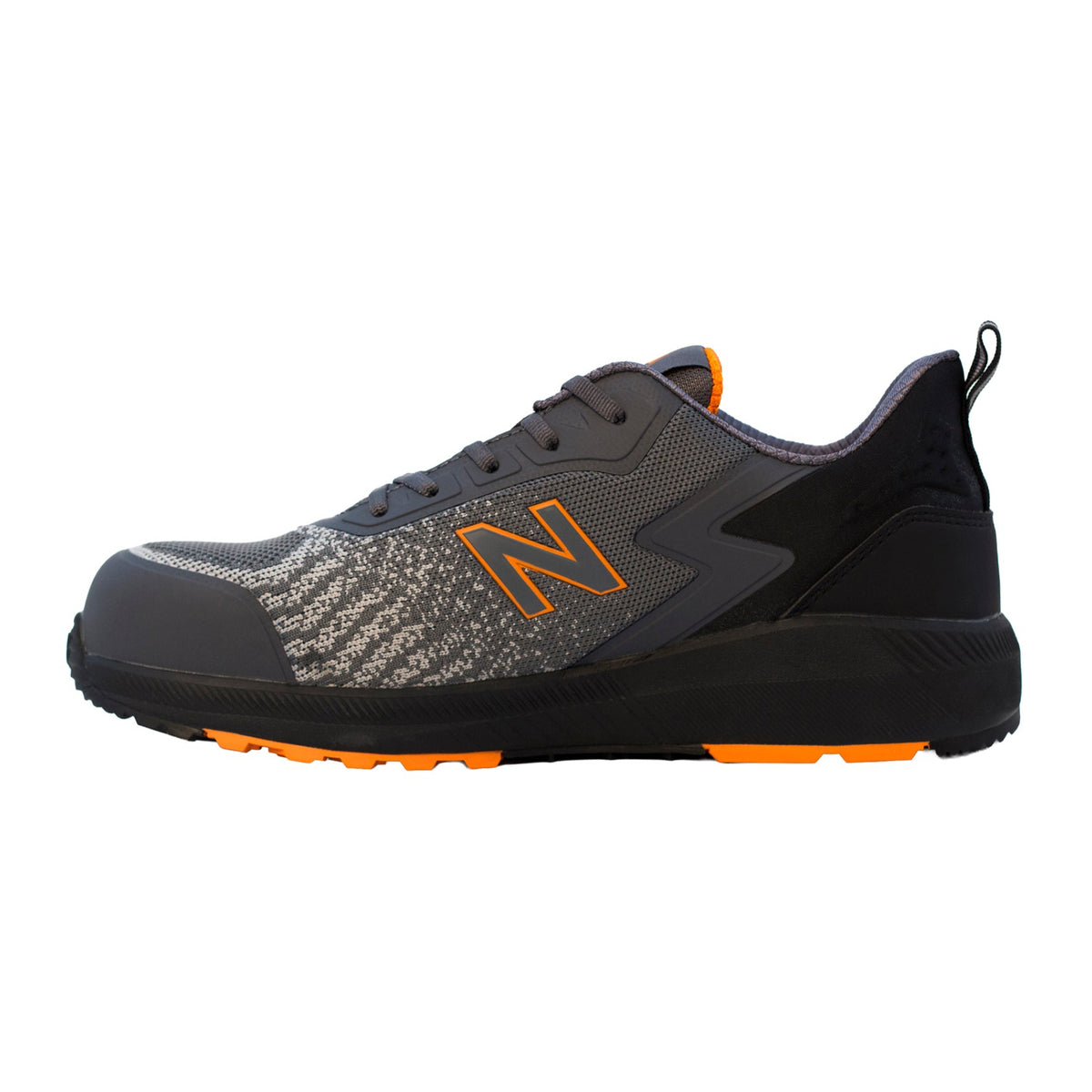 Side view of a grey and orange New Balance Men's Speedware Composite Toe Sneaker (MIDSPWR) with logo detail on a white background.
