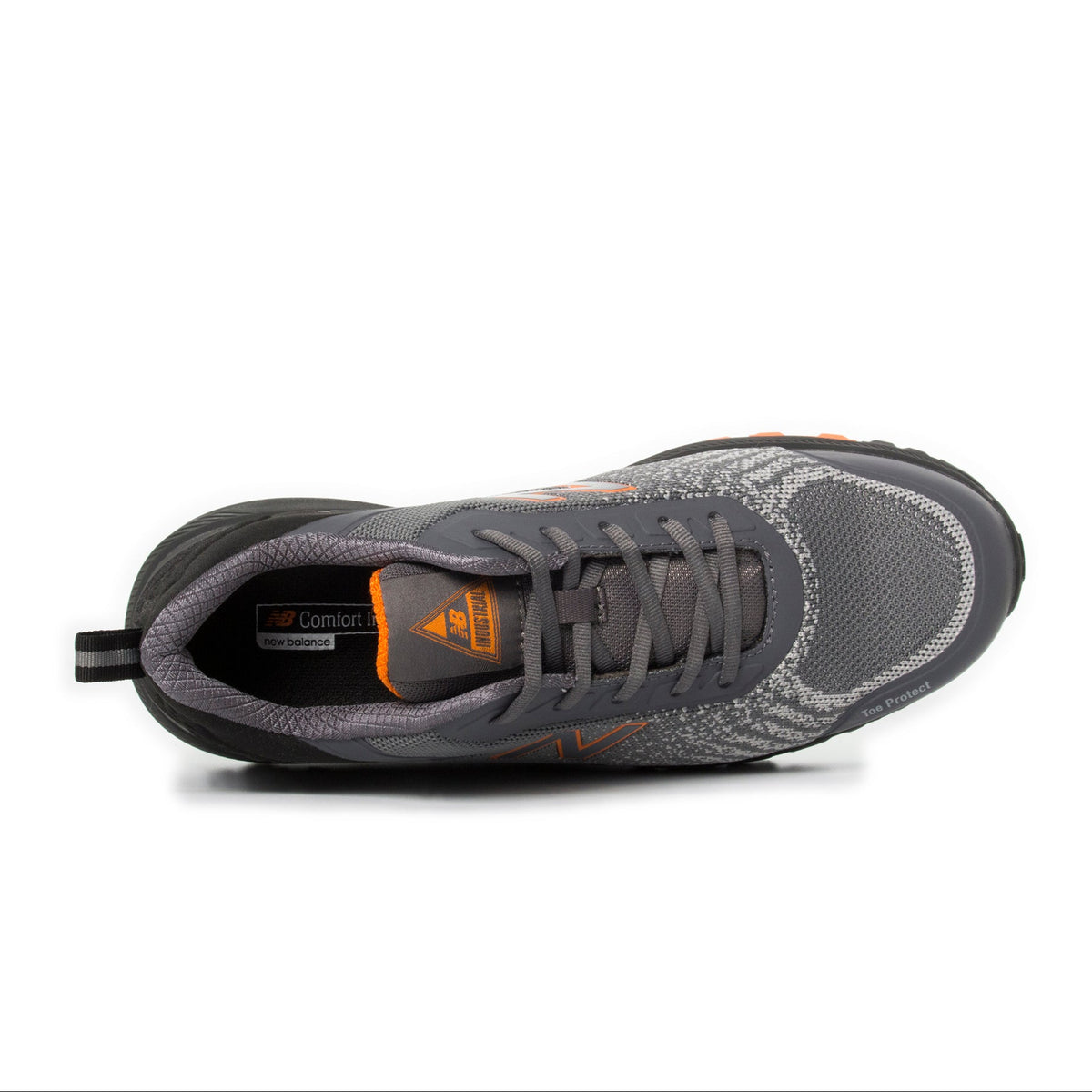 Top view of a grey and orange New Balance Men's Speedware Composite Toe Sneaker (MIDSPWR) with logo detail on a white background.