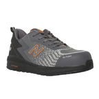 3-4 front view of a grey and orange New Balance Men's Speedware Composite Toe Sneaker (MIDSPWR) with logo detail on a white background.