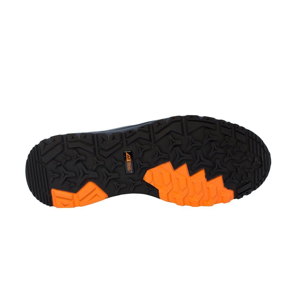 Sole view of a grey and orange New Balance Men's Speedware Composite Toe Sneaker (MIDSPWR) with logo detail on a white background.