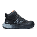 Side view of a black and grey New Balance Women's Cremorne Mid Cut Safety Sneaker (WEFCMCAPBG) with New Balance logos on a white background.