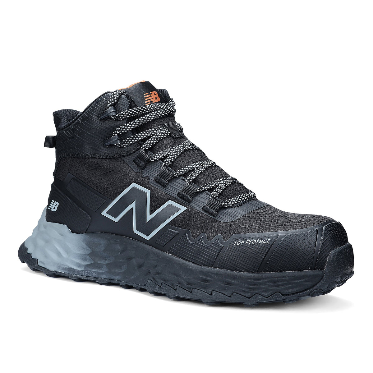 3-4 front view of a black and grey New Balance Women's Cremorne Mid Cut Safety Sneaker (WEFCMCAPBG) with New Balance logos on a white background.