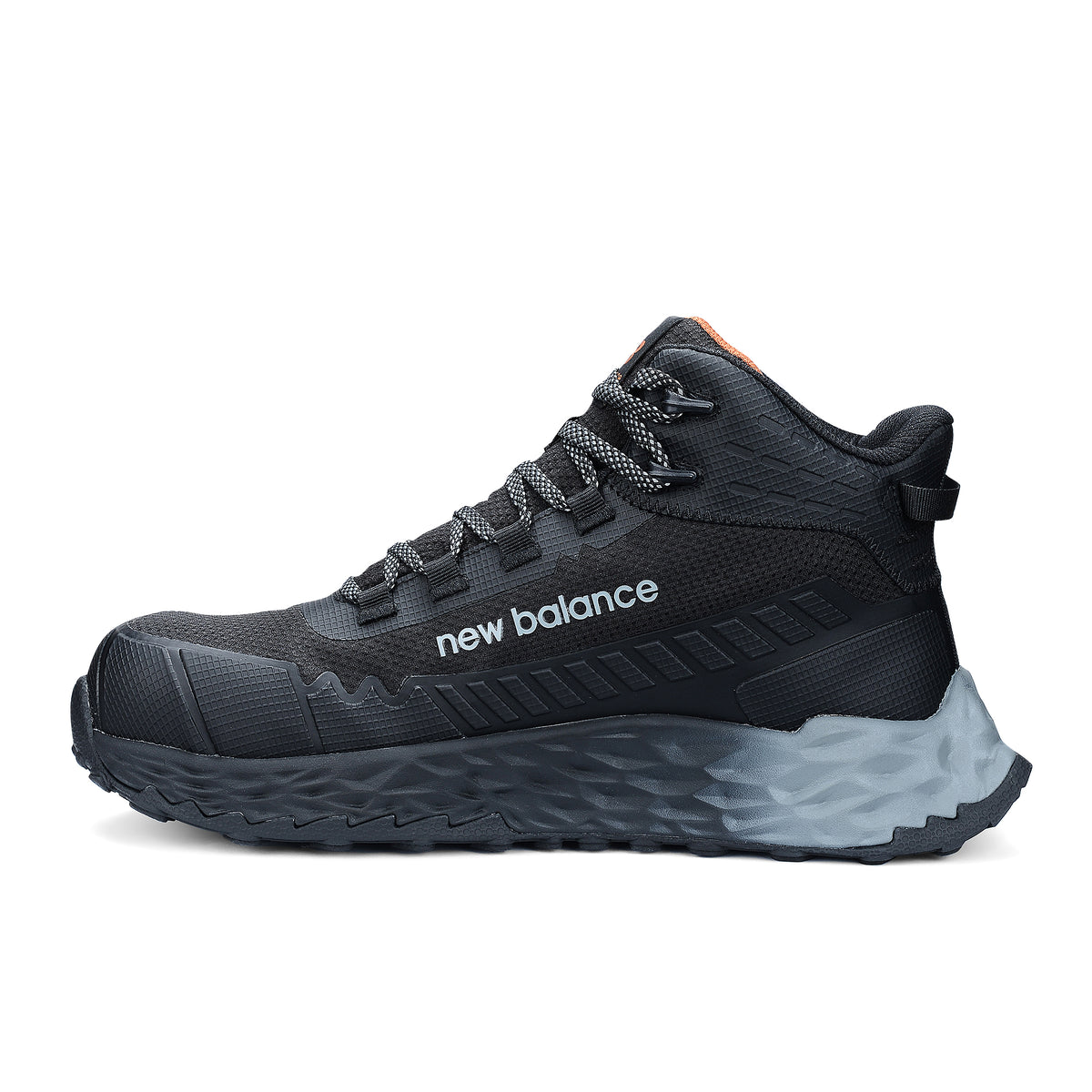 Side view of a black and grey New Balance Women's Cremorne Mid Cut Safety Sneaker (WEFCMCAPBG) with New Balance logos on a white background.