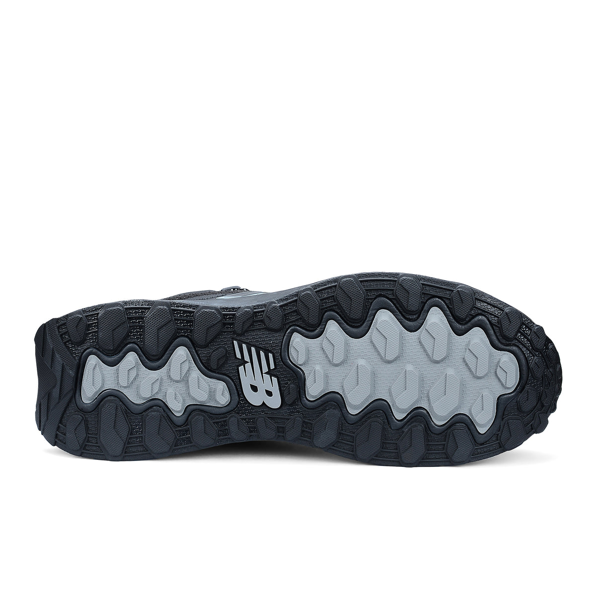 Sole view of a black and grey New Balance Women's Cremorne Mid Cut Safety Sneaker (WEFCMCAPBG) with New Balance logos on a white background.