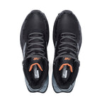 Top view of a pair of black and grey New Balance Women's Cremorne Mid Cut Safety Sneakers (WEFCMCAPBG) with New Balance logos on a white background.