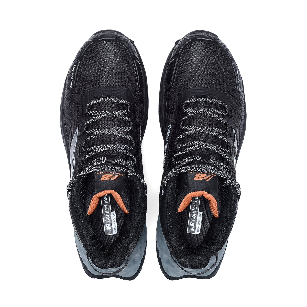 Top view of a pair of black and grey New Balance Women's Cremorne Mid Cut Safety Sneakers (WEFCMCAPBG) with New Balance logos on a white background.