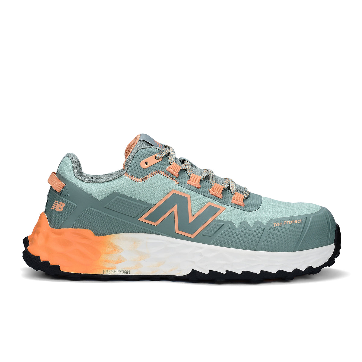 Side view of an aqua and pumpkin New Balance Women's Cremorne Safety Sneaker (WEFCCAPAP) with New Balance logo on a white background.