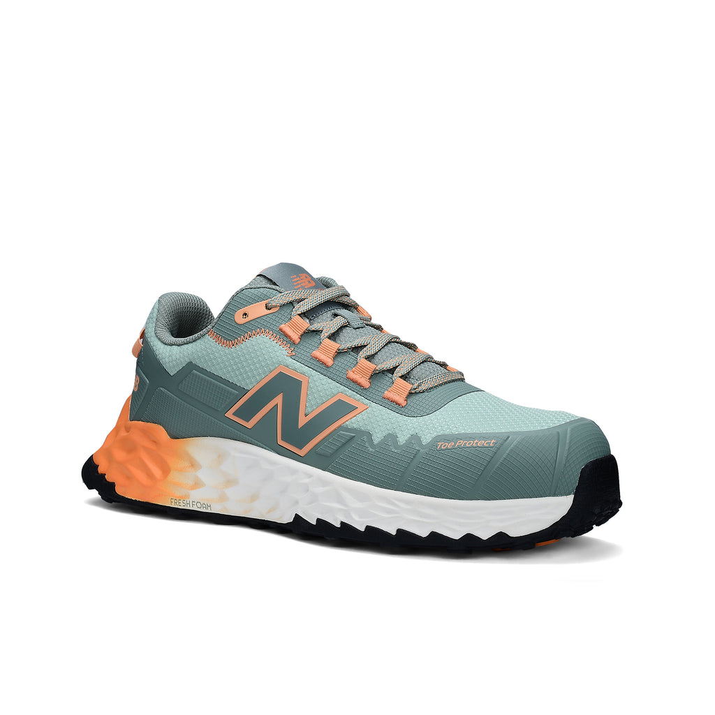 3-4 front view of an aqua and pumpkin New Balance Women's Cremorne Safety Sneaker (WEFCCAPAP) with New Balance logo on a white background.
