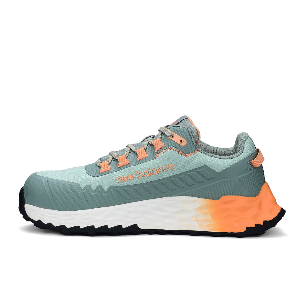 Side view of an aqua and pumpkin New Balance Women's Cremorne Safety Sneaker (WEFCCAPAP) with New Balance logo on a white background.