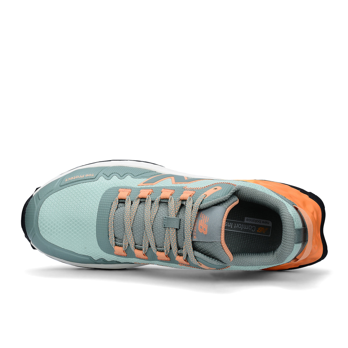 Top view of an aqua and pumpkin New Balance Women's Cremorne Safety Sneaker (WEFCCAPAP) with New Balance logo on a white background.