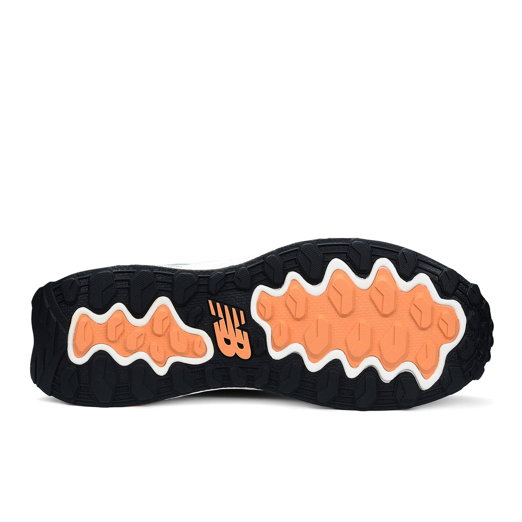 Sole view of an aqua and pumpkin New Balance Women's Cremorne Safety Sneaker (WEFCCAPAP) with New Balance logo on a white background.