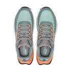 Top view of a pair of aqua and pumpkin New Balance Women's Cremorne Safety Sneaker (WEFCCAPAP) with New Balance logo on a white background.
