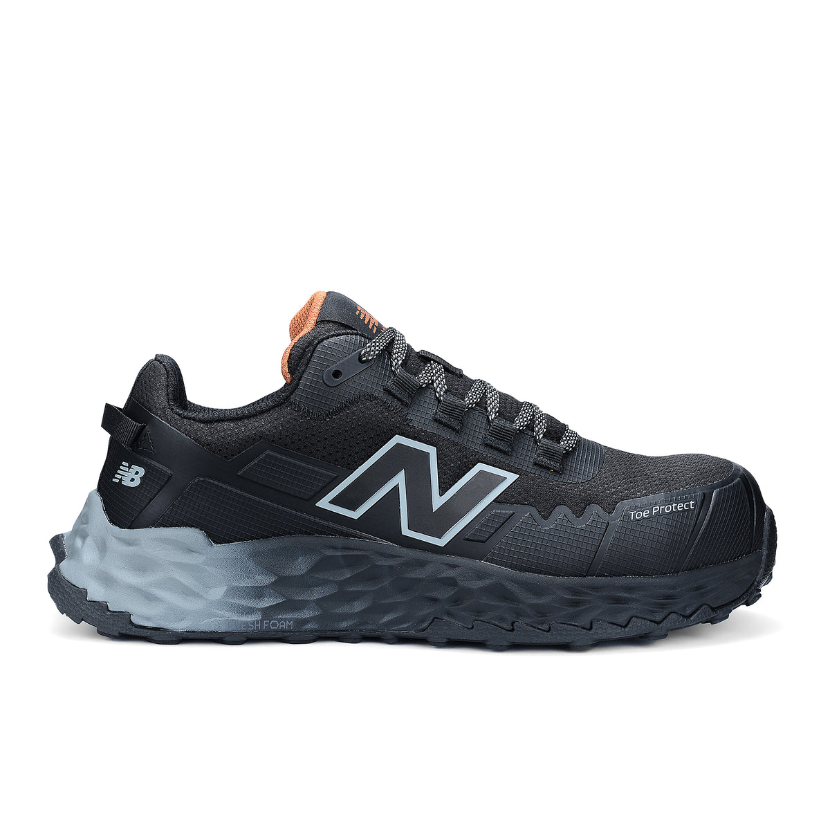 Side view of a black and grey New Balance Women's Cremorne Safety Sneaker (WEFCCAPBG) with New Balance logo on a white background.