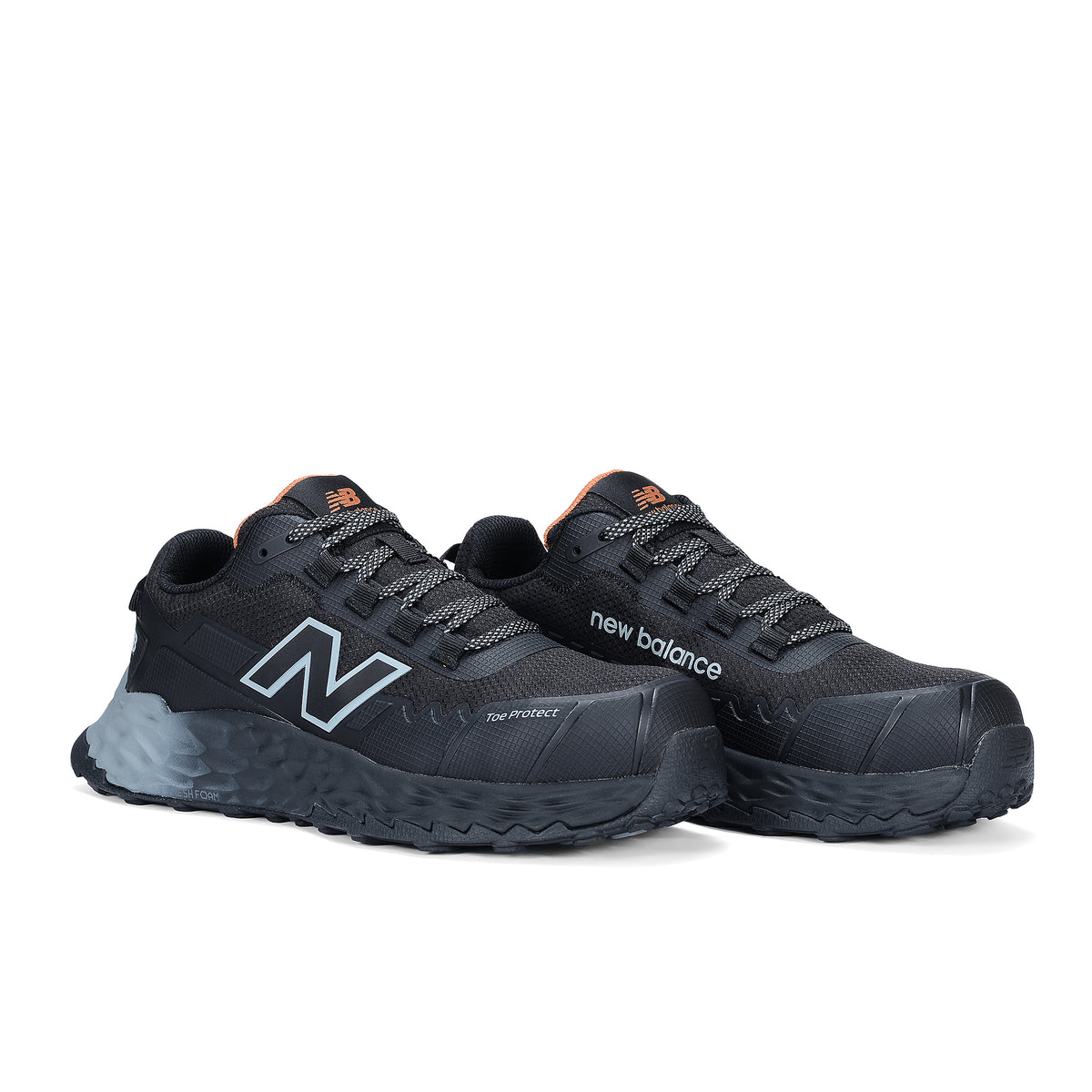 3-4 front view of a pair of black and grey New Balance Women's Cremorne Safety Sneaker (WEFCCAPBG) with New Balance logo on a white background.