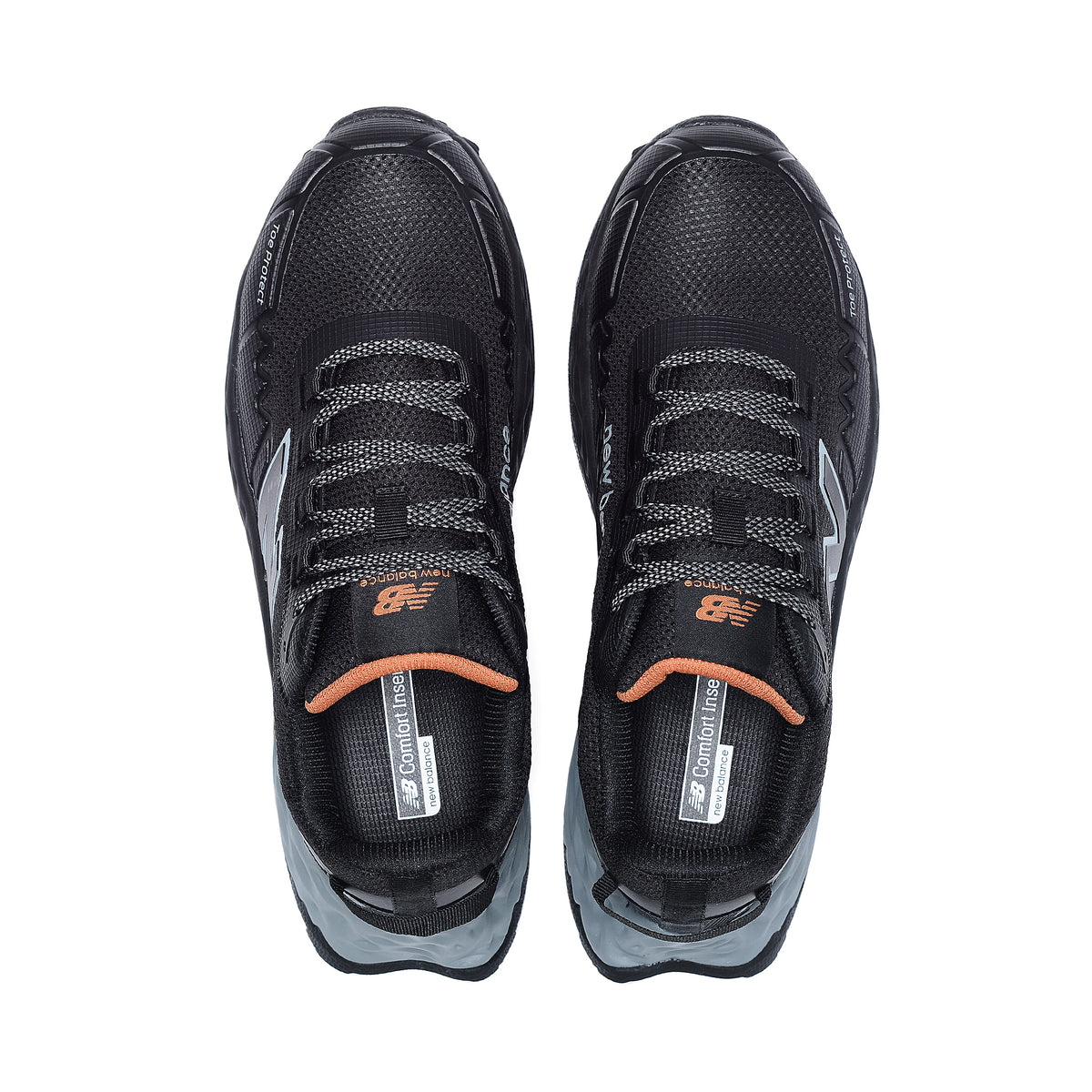 Top view of a pair of black and grey New Balance Women's Cremorne Safety Sneaker (WEFCCAPBG) with New Balance logo on a white background.